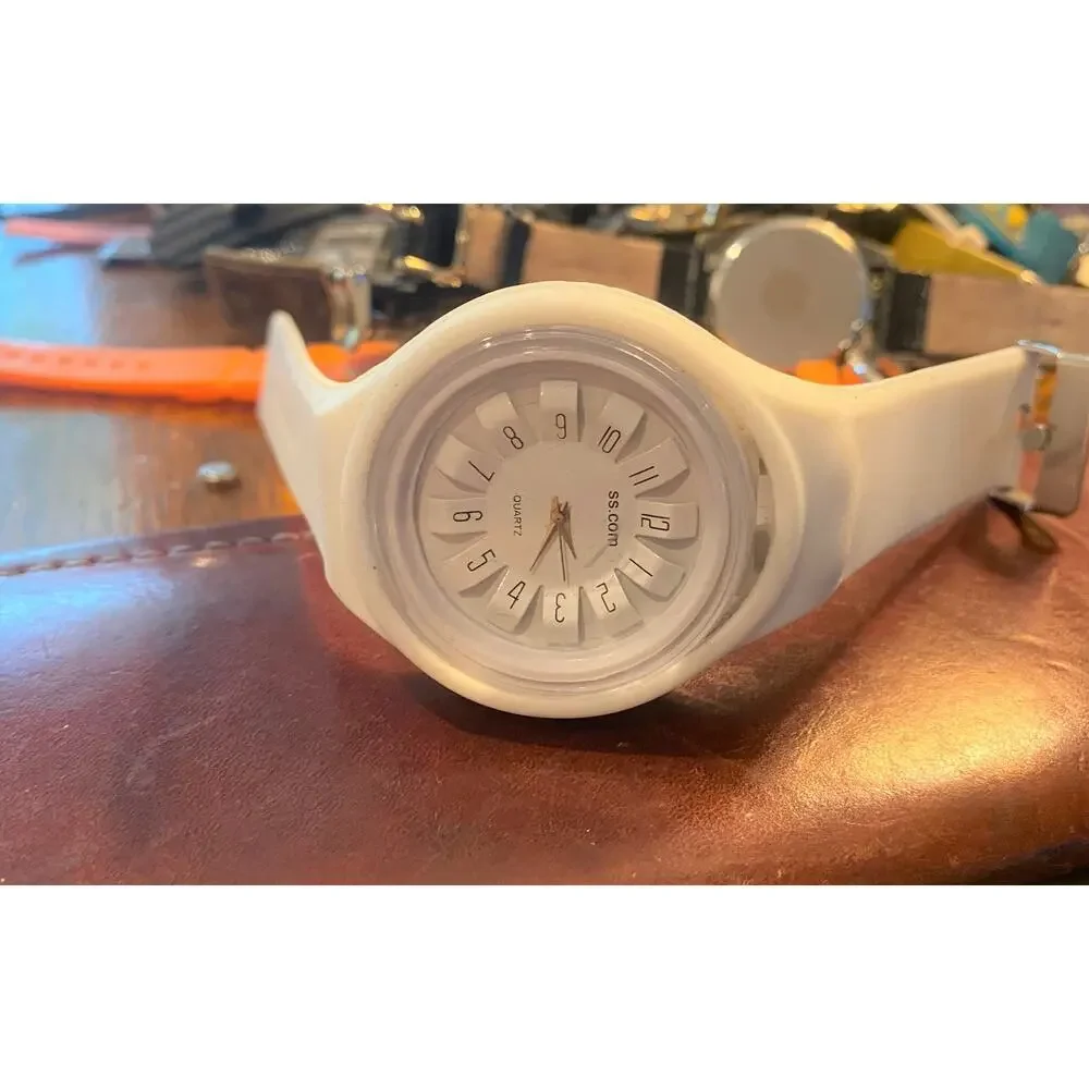 White Poly SS.Com Watch, Analog with Raised Black Numbers